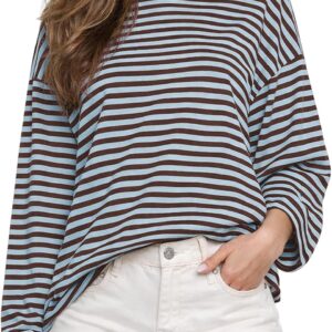 Women's Oversized Striped Long Sleeve Tee - Crew Neck, Contrast Stripe Knit, Relaxed Fall Top for Layering - Small