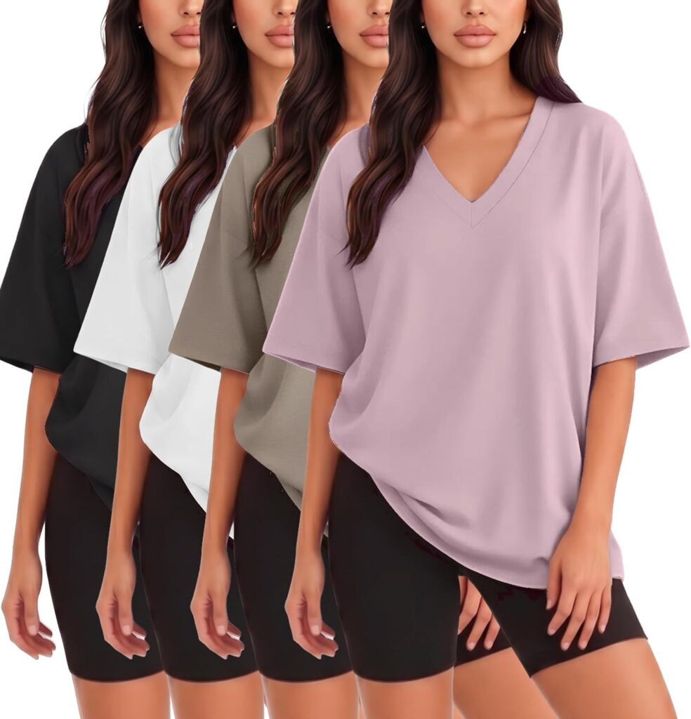 Women's Oversized V Neck Tees 4 Pack - Drop Shoulder, Quick Dry Baggy Tops for Gym and Lounging - Small