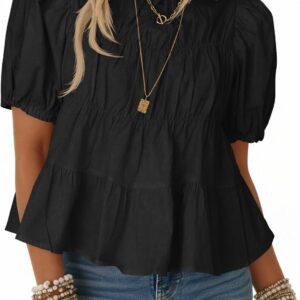 Women's Puff Sleeve Peplum Top - Pleated Babydoll Cut, Short Sleeve Cotton Blouse for Summer Outings - Apricot
