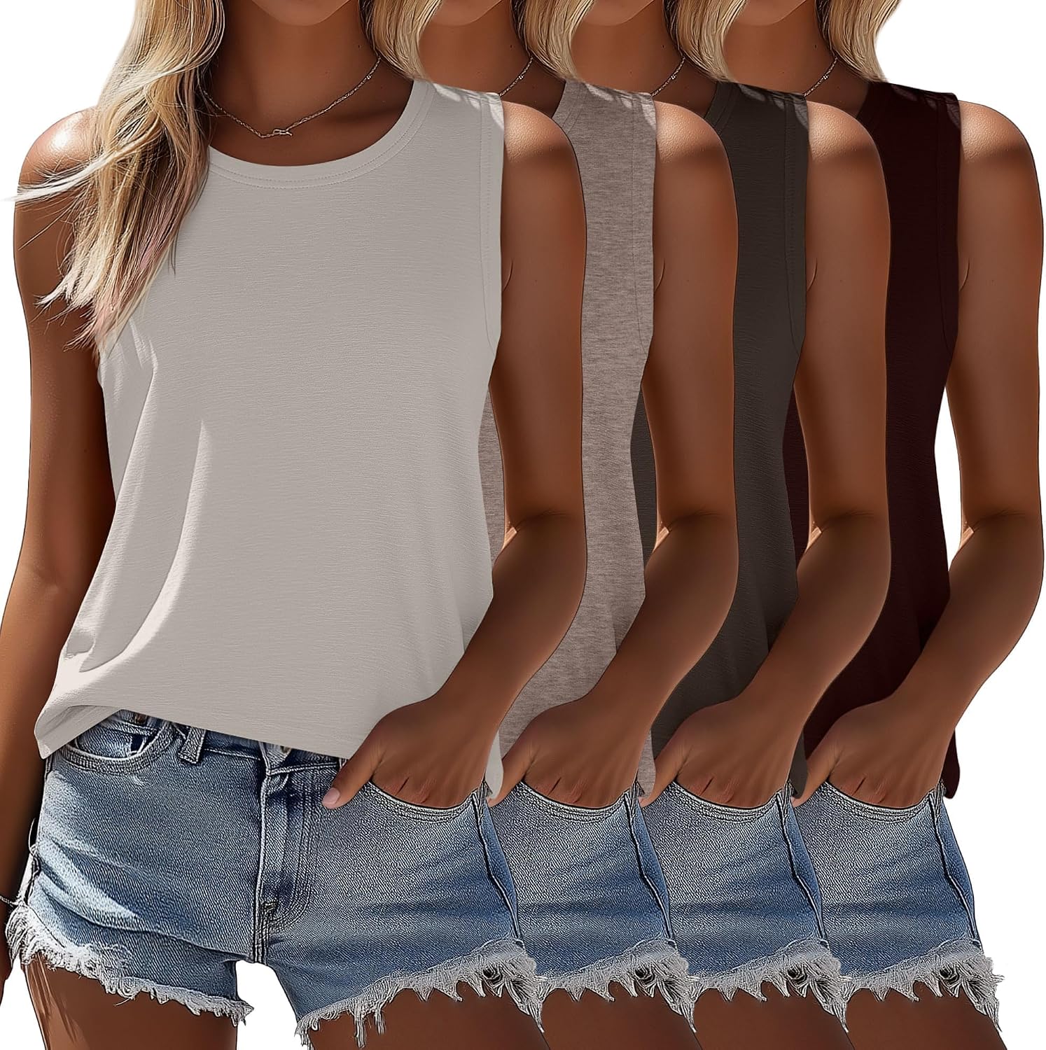Women's Sleeveless Tunic Tanks 4 Pack - Crew Neck, Split Side Hem, Loose Flowy Tops for Summer Wear - Small
